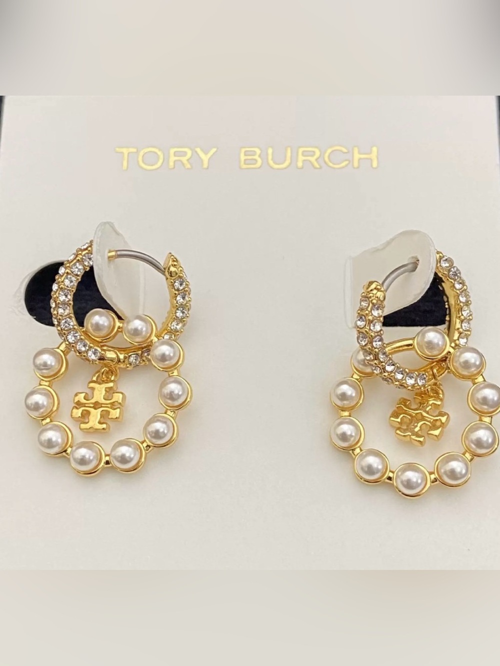 Tory Burch Moondance Faux Pearl Hoop Pave Diamond Earrings Huggies